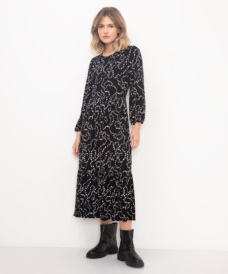 vestido midi floral manga longa preto PP