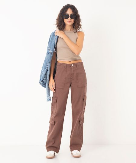 calça de sarja cargo cintura média marrom 34