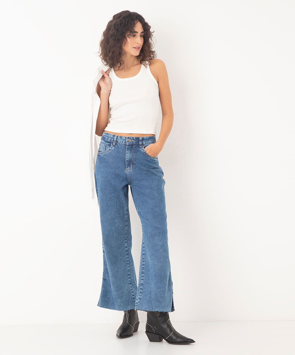 calça jeans wide leg cropped cintura alta sawary azul