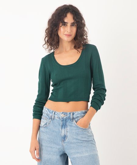 cropped de tricot canelado manga longa verde escuro M cropped de tricot canelado manga longa verde escuro M