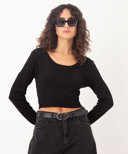 cropped de tricot canelado manga longa preto P
