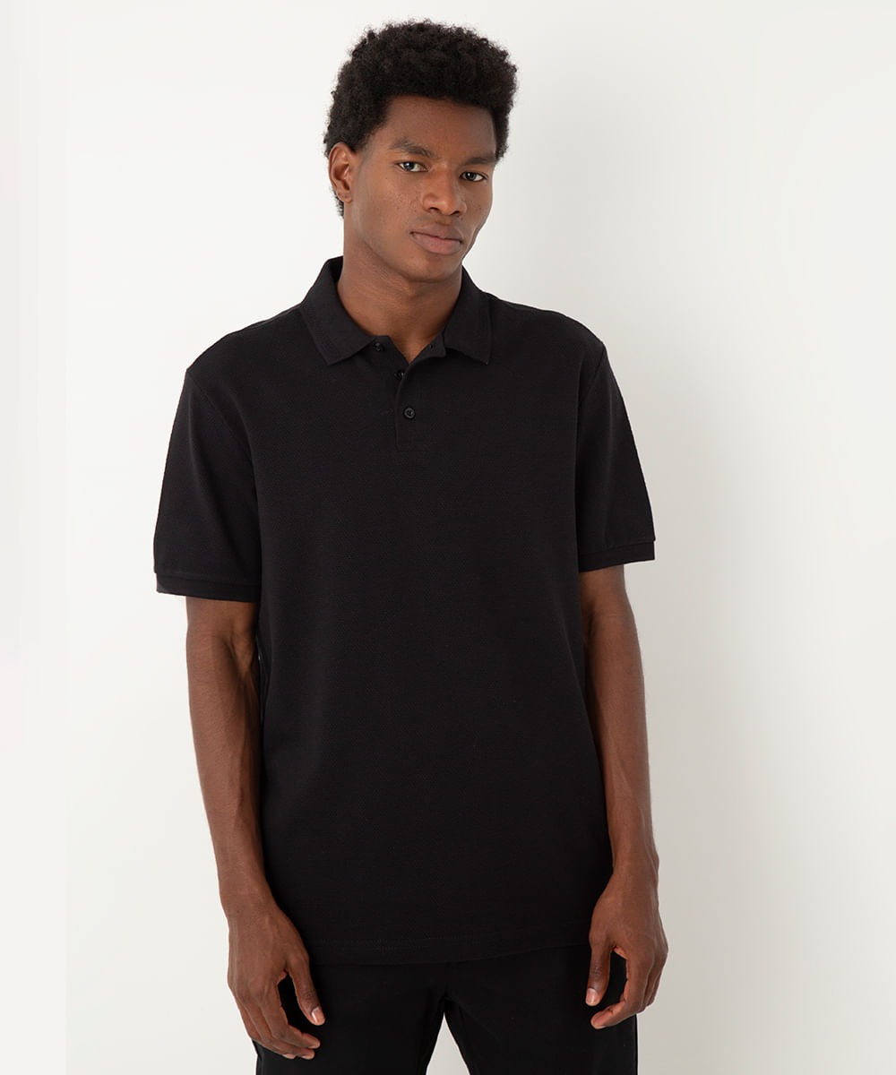 polo de algodão texturizada manga curta preta