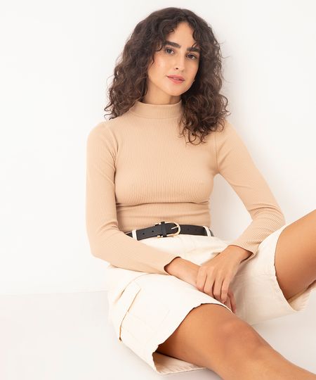 cropped de poliamida básico canelado gola alta manga longa bege PP