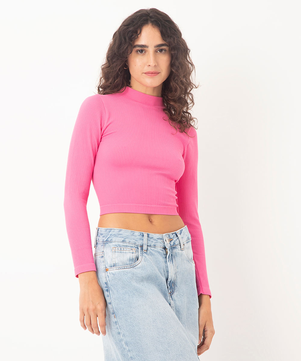 cropped de poliamida básico canelado gola alta manga longa rosa