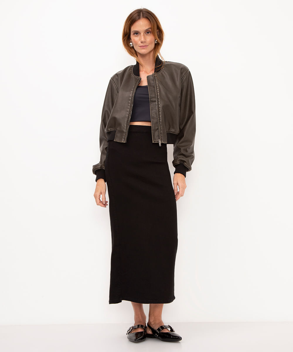 saia jeans midi com stretch black