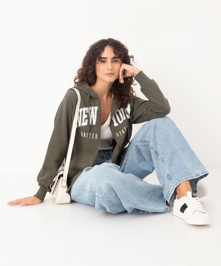 blusão de moletom new york verde militar PP blusão de moletom new york verde militar PP