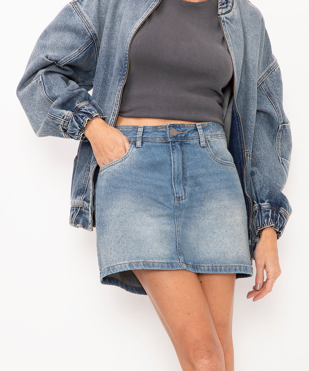 minissaia jeans com brilhos cintura alta azul