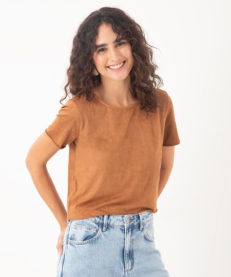 cropped de suede manga curta nude - caramelo M cropped de suede manga curta nude - caramelo M