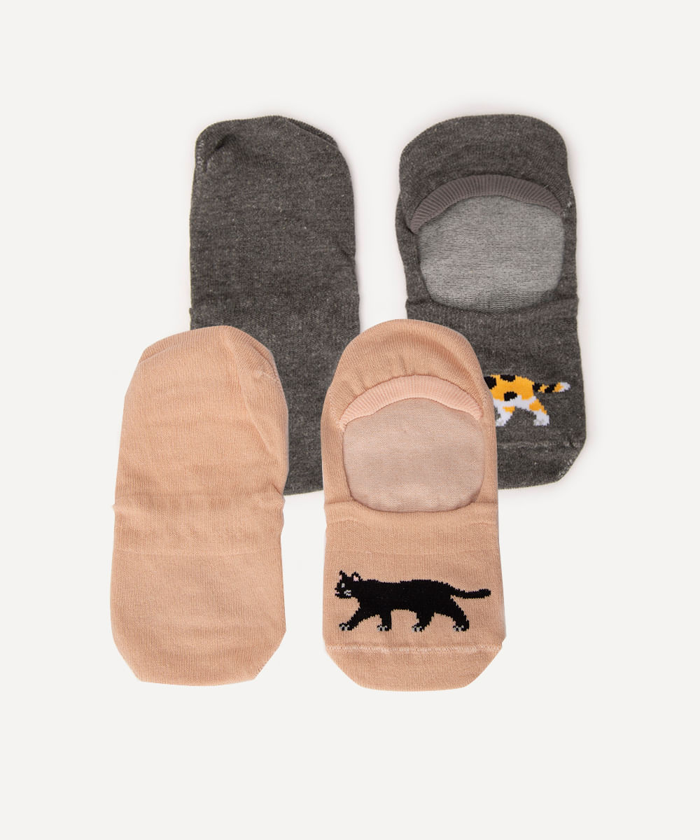 kit de 2 pares de meias invisíveis gato colorido