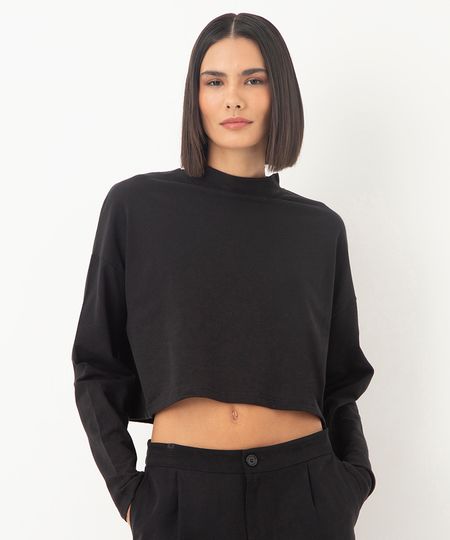 blusa texturizada de algodão manga longa preto PP