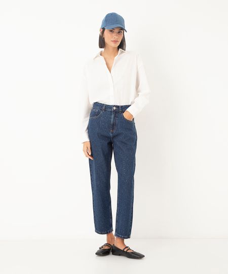 calça jeans mom cintura super alta brilhos azul escuro 34