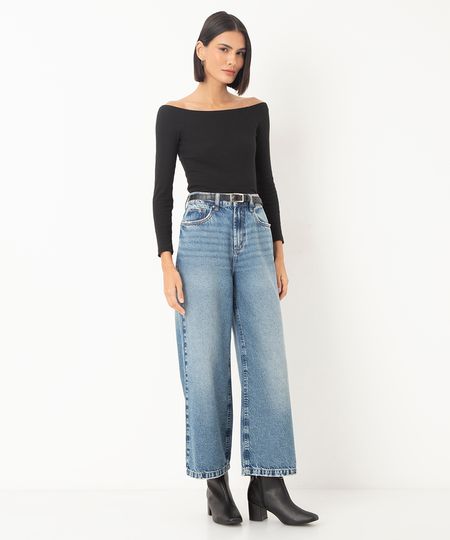 calça jeans wide leg cropped cintura super alta azul 34