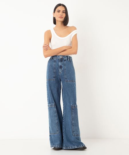 calça jeans wide leg cintura super alta cargo azul escuro 38