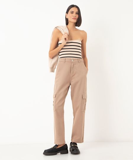 calça de sarja reta comfort cintura super alta cargo marrom 40 calça de sarja reta comfort cintura super alta cargo marrom 40