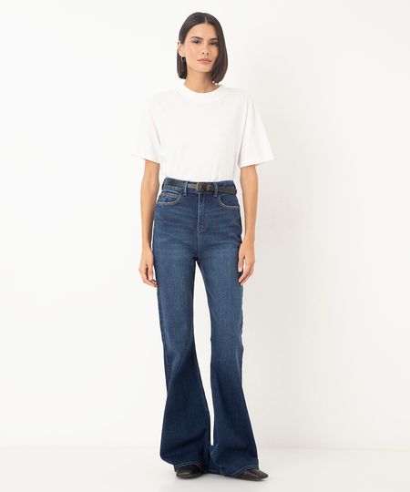 calça jeans flare cintura super alta azul escuro 34