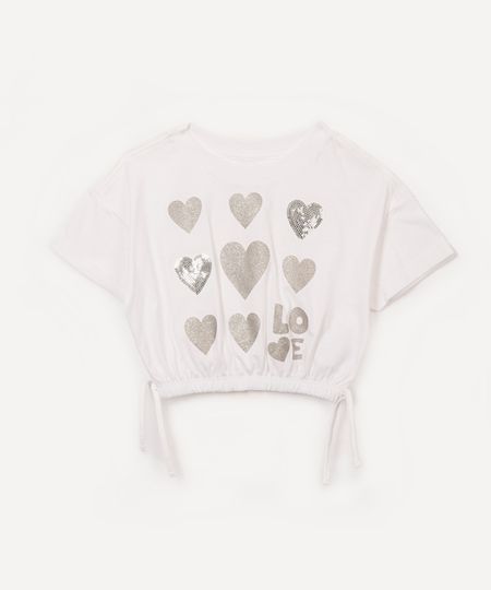 camiseta de algodão infantil corações com paetê off white 10