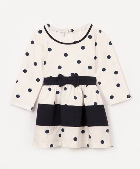 vestido de algodão infantil poá com laço off white 12-18 vestido de algodão infantil poá com laço off white 12-18