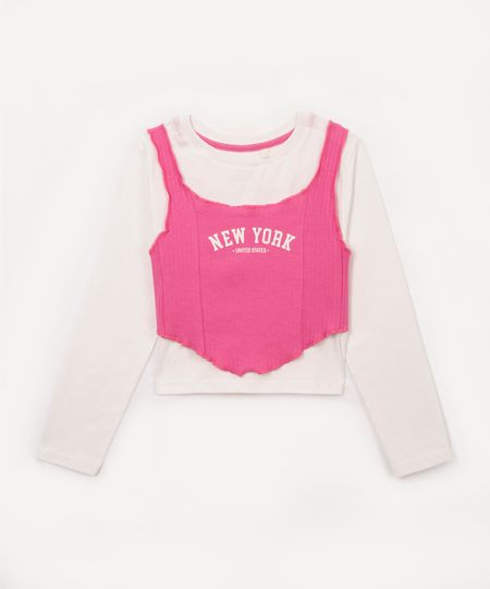 blusa de algodão infantil new york com sobreposição rosa 8 blusa de algodão infantil new york com sobreposição rosa 8
