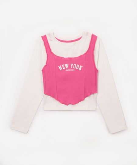 blusa de algodão infantil new york com sobreposição rosa 8