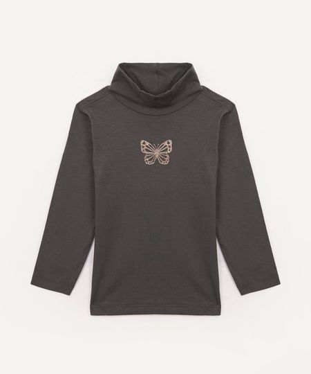 blusa de algodão infantil borboleta gola alta cinza 1