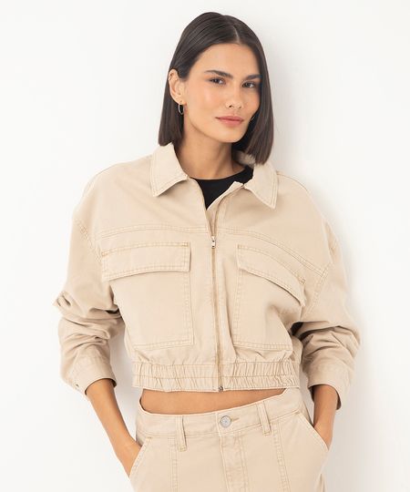 jaqueta bomber cropped sarja bege P