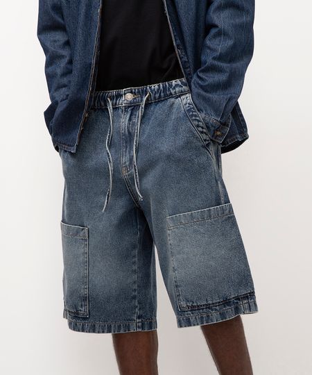 bermuda jeans com cordão azul escuro 36