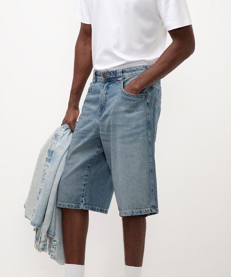 bermuda jeans reta com bolsos azul 36