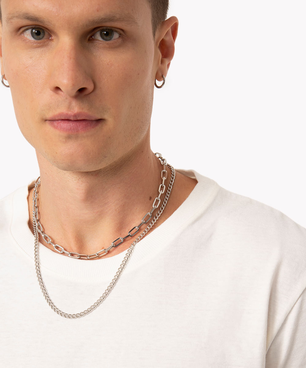 kit de 2 colares correntes prateado