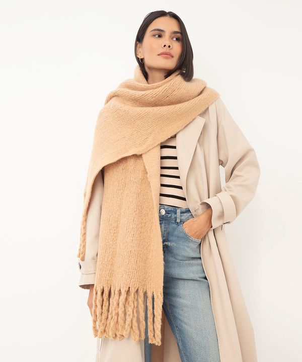 cachecol de tricot com franjas bege UNICO