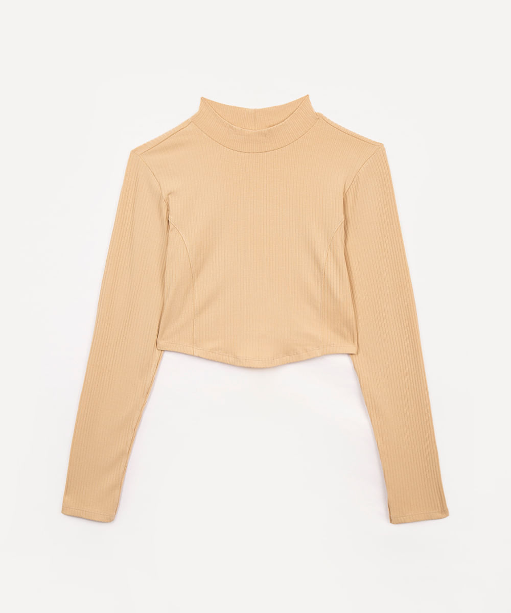cropped de viscose juvenil canelado com recorte manga longa bege