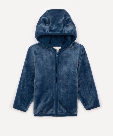 blusão infantil de pelúcia capuz com orelhas azul 1