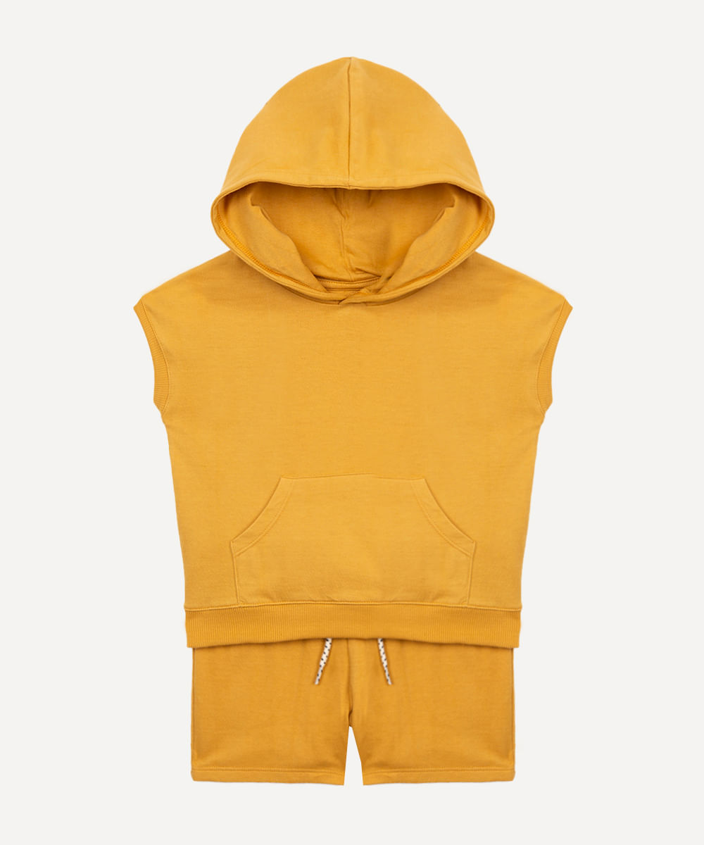 conjunto de moletinho infantil manga curta com capuz caramelo