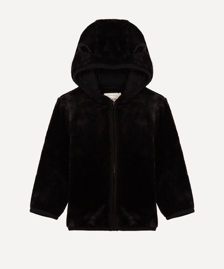 blusão infantil de pelúcia capuz com orelhas preto 3