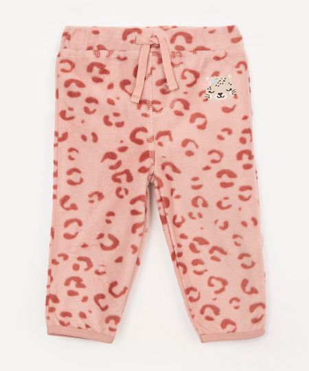 calça de fleece infantil animal print rosa 0-3