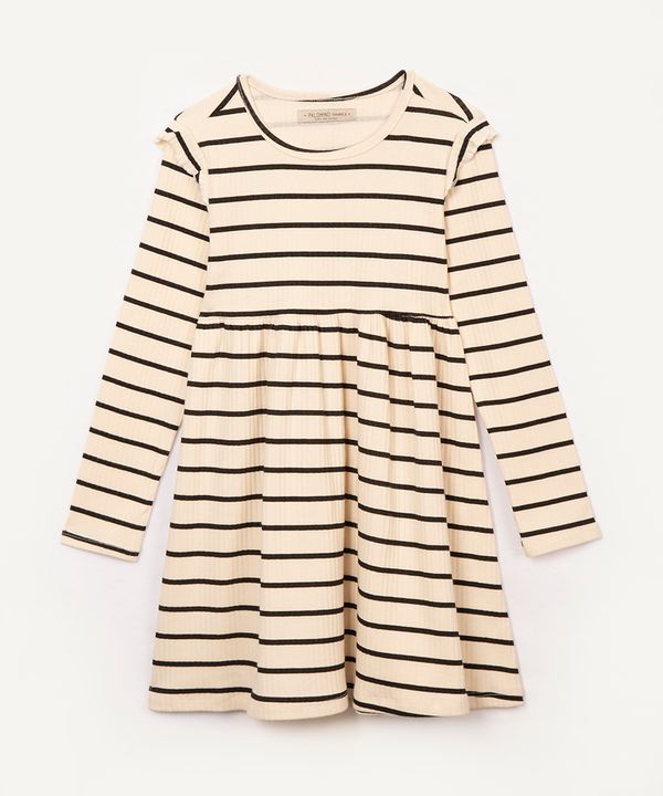 vestido infantil canelado manga longa listrado bege 10