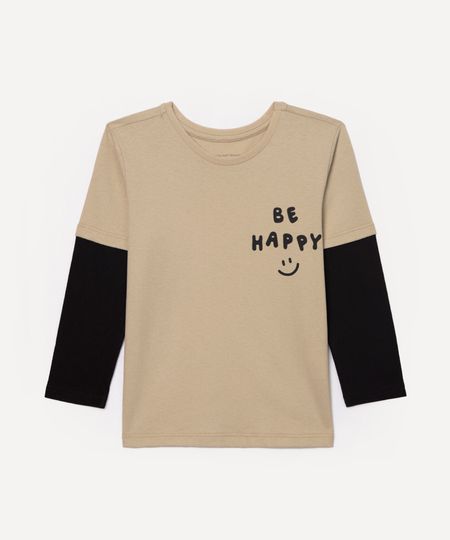camiseta de algodão infantil be happy sobreposição bege 3