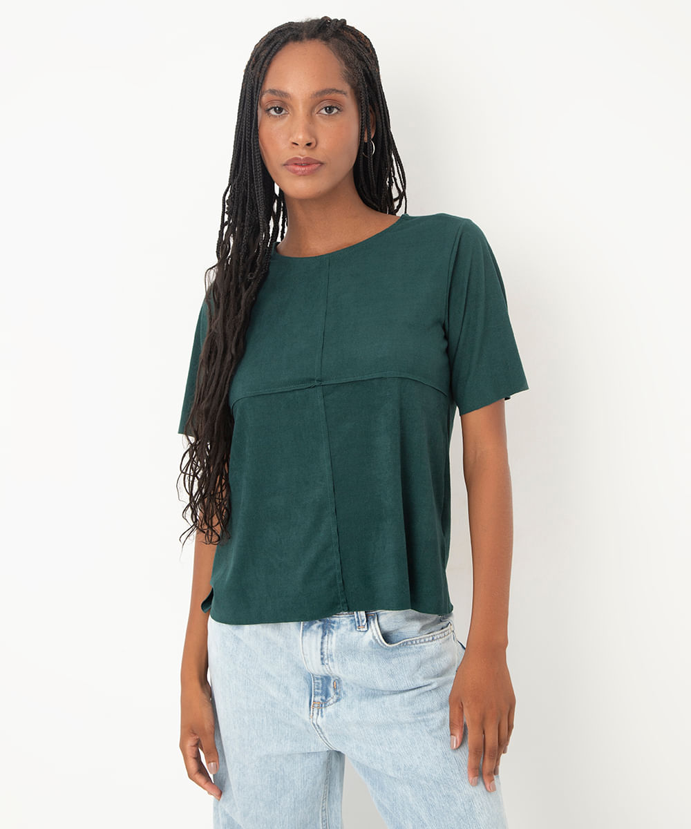 blusa em suede manga curta com recortes marrom - verde esmeralda
