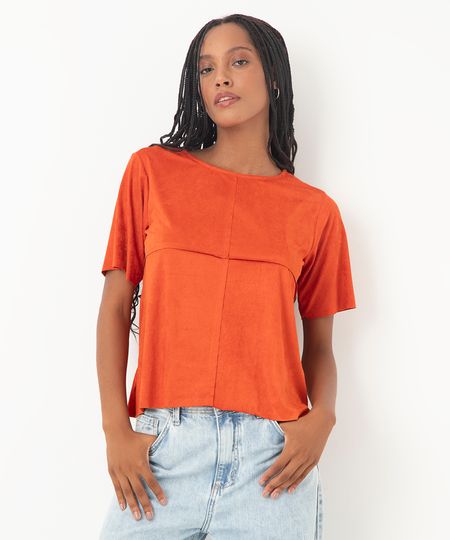 blusa em suede manga curta com recortes marrom - terracota P blusa em suede manga curta com recortes marrom - terracota P
