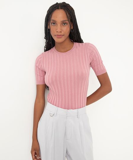 blusa de tricot canelada manga curta rosa claro PP