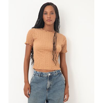 blusa manga curta texturizada - caramelo