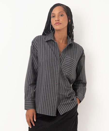 camisa risca de giz com bolso cinza PP