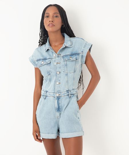 macaquinho jeans com bolsos azul PP macaquinho jeans com bolsos azul PP