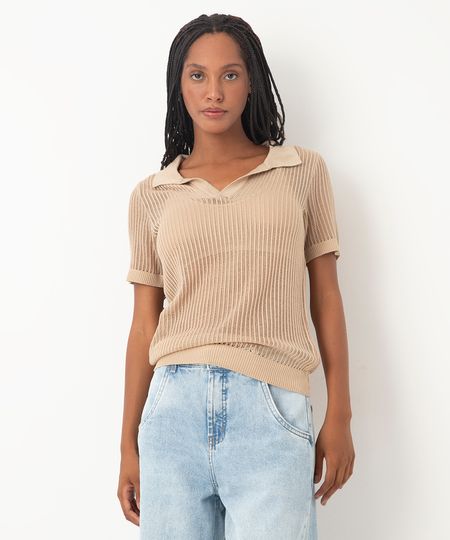 blusa de tricot polo manga curta bege M blusa de tricot polo manga curta bege M