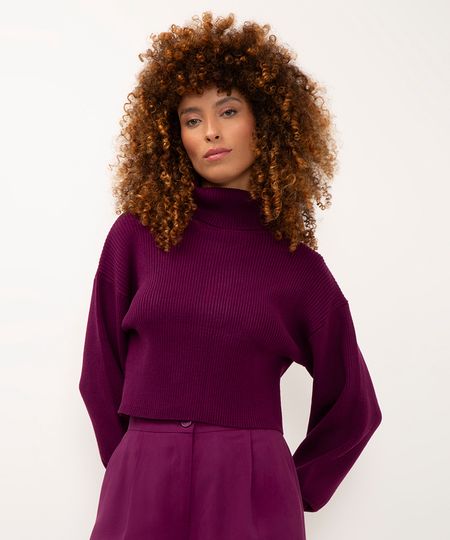 suéter de tricot canelado cropped gola alta - roxo uva M