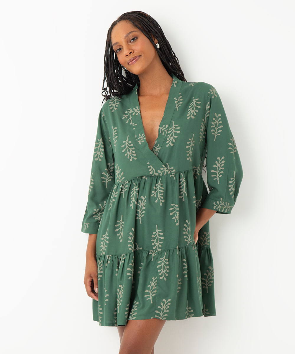 vestido de viscose curto folhagem verde