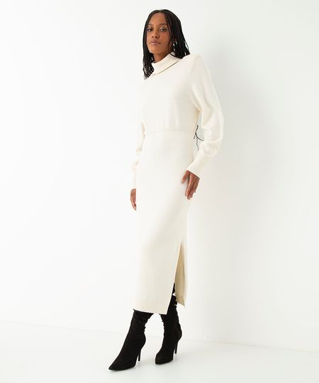 vestido de tricot midi gola alta off white PP
