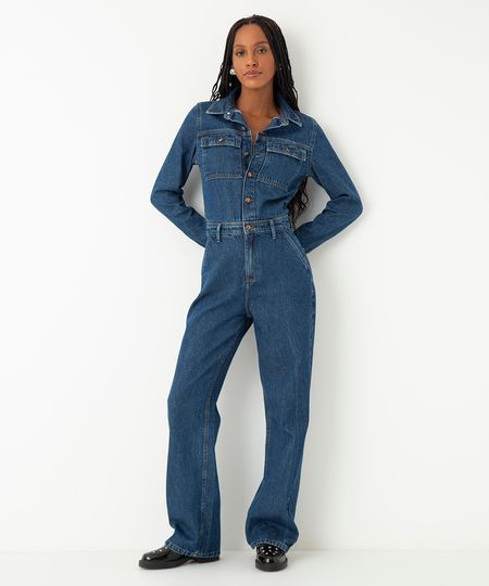 macacão jeans manga longa bolsos frontais azul escuro M