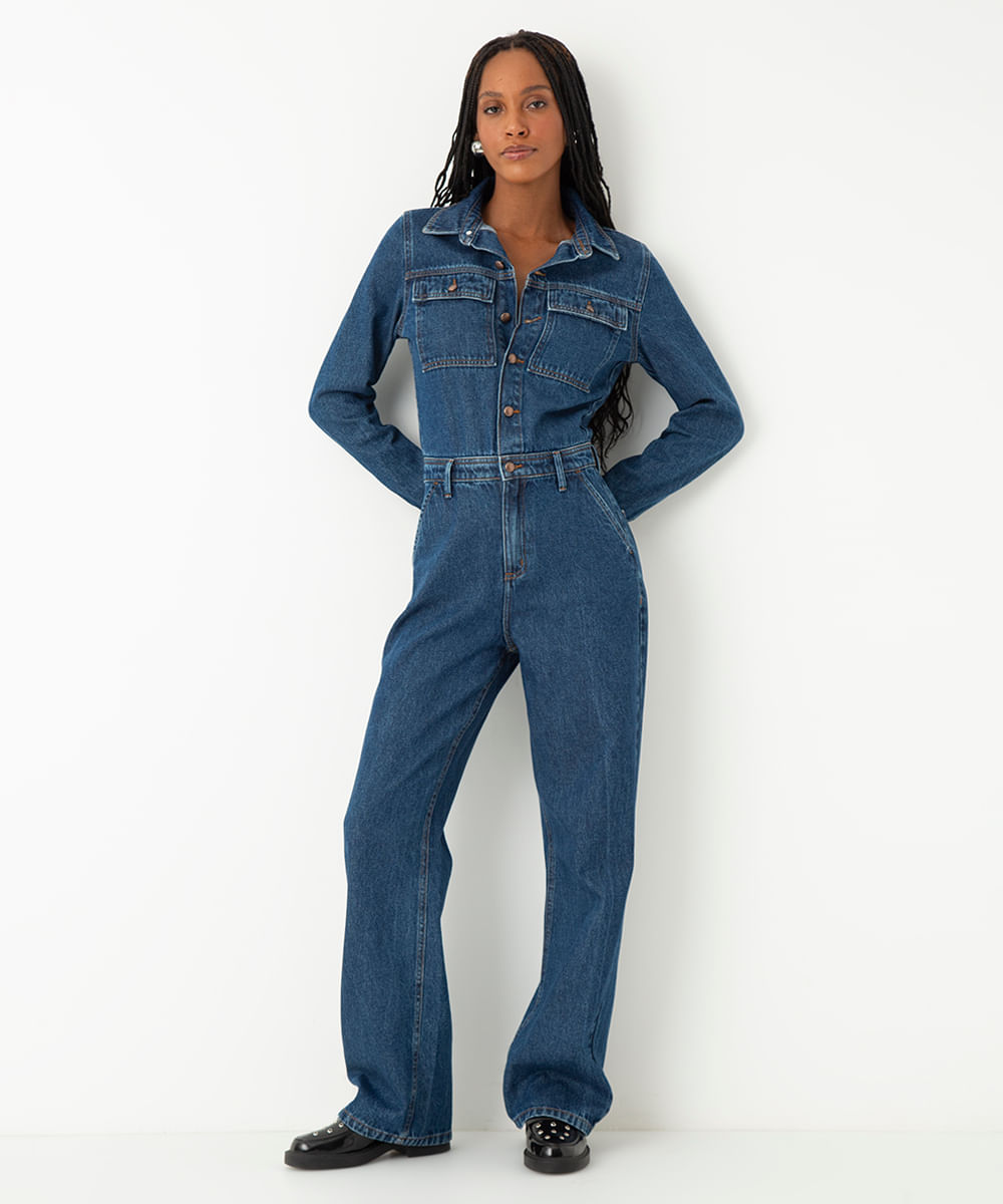 macacão jeans manga longa bolsos frontais azul escuro
