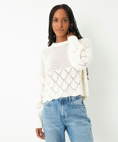 suéter de tricot vazado manga longa off white PP