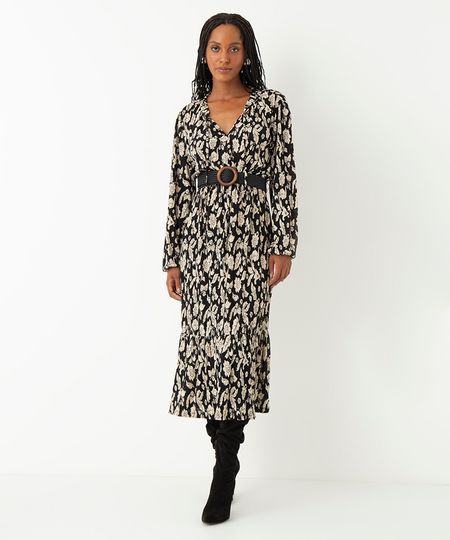 vestido midi floral com cinto preto M